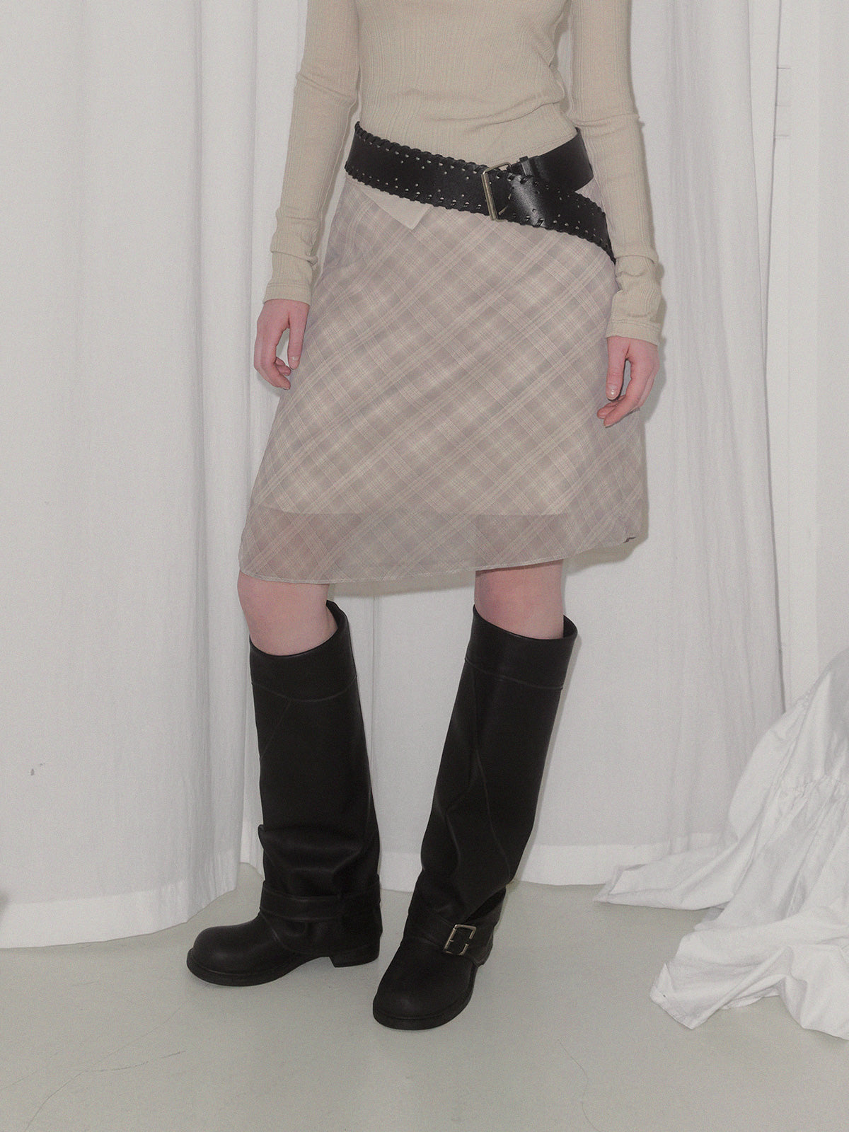 Mush check banding midi skirt
