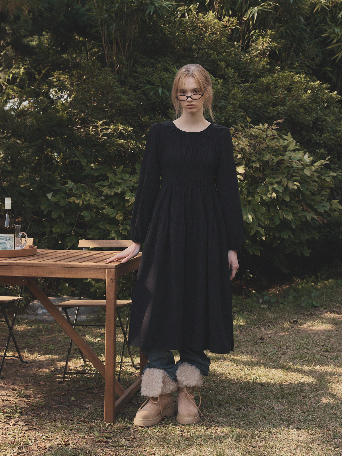 Lecel Corduroy Smock Banding Long Dress