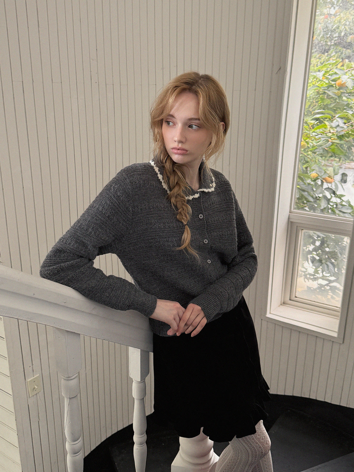 Molly Contrast Collar Pattern Knit Cardigan