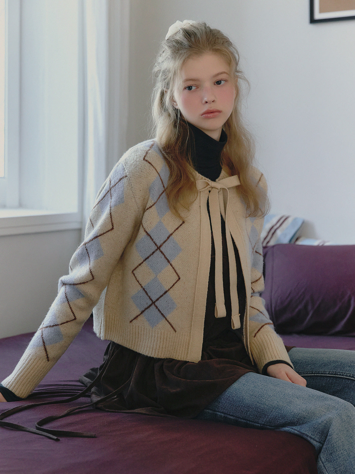 Beon Argyle Ribbon Knit Cardigan
