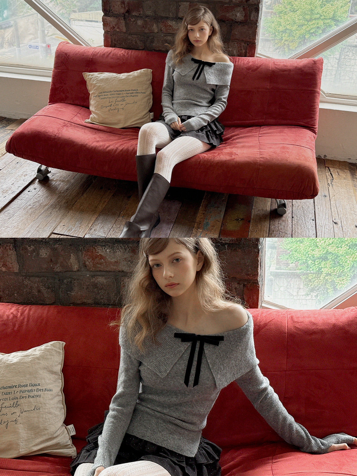 【TWEE】Willn Ribbon Brooch Off-Shoulder Knit