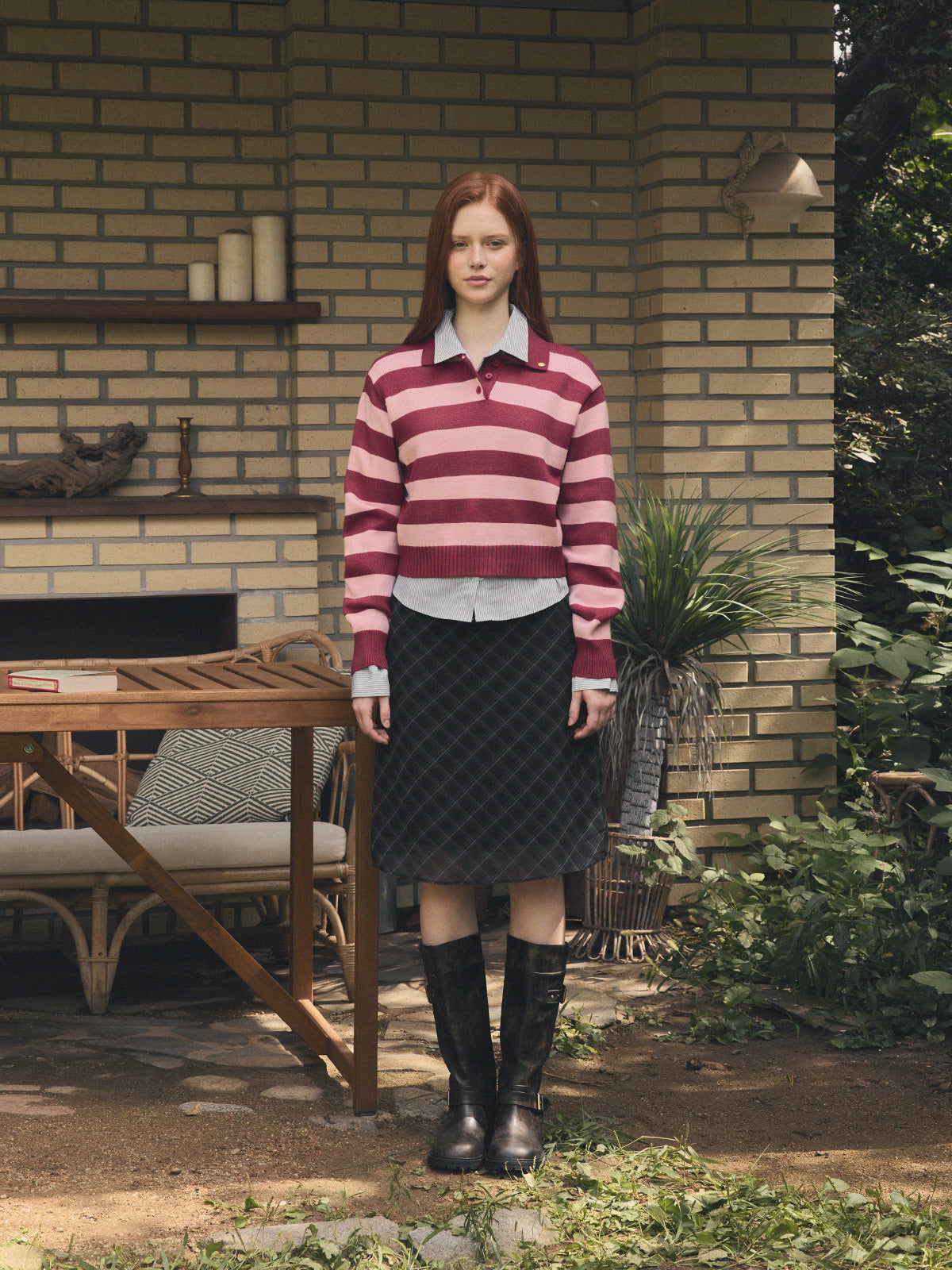 Nuo Stripe Contrast Collar Long Sleeve Knit