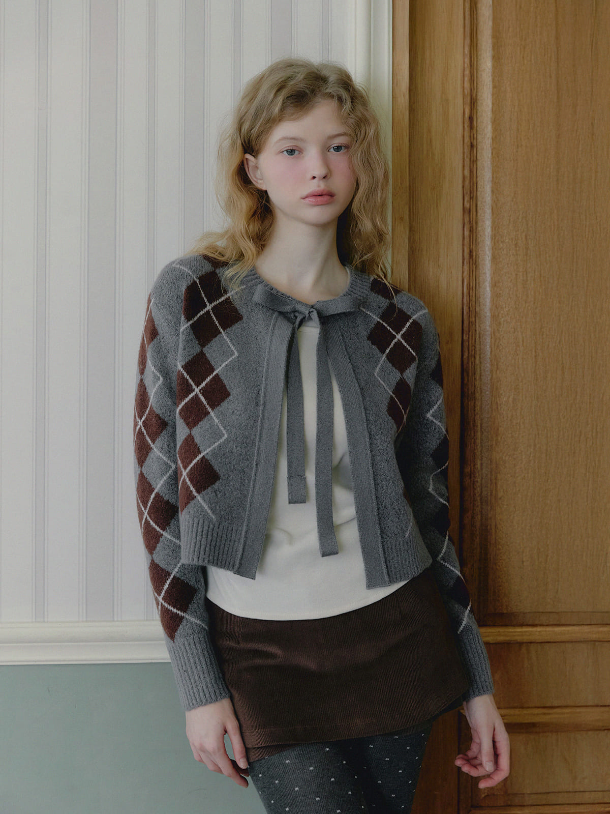 Beon Argyle Ribbon Knit Cardigan