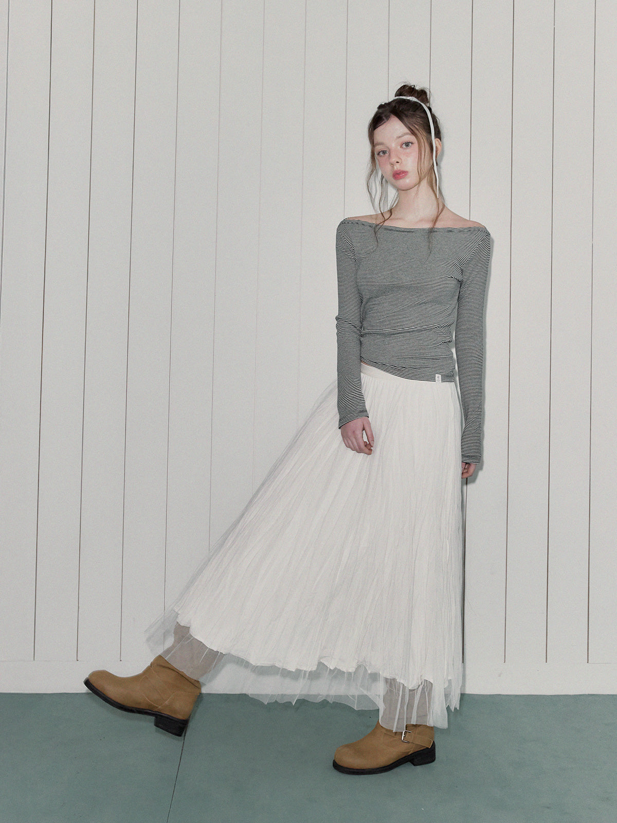 Des Dot Banded Flare Long Skirt