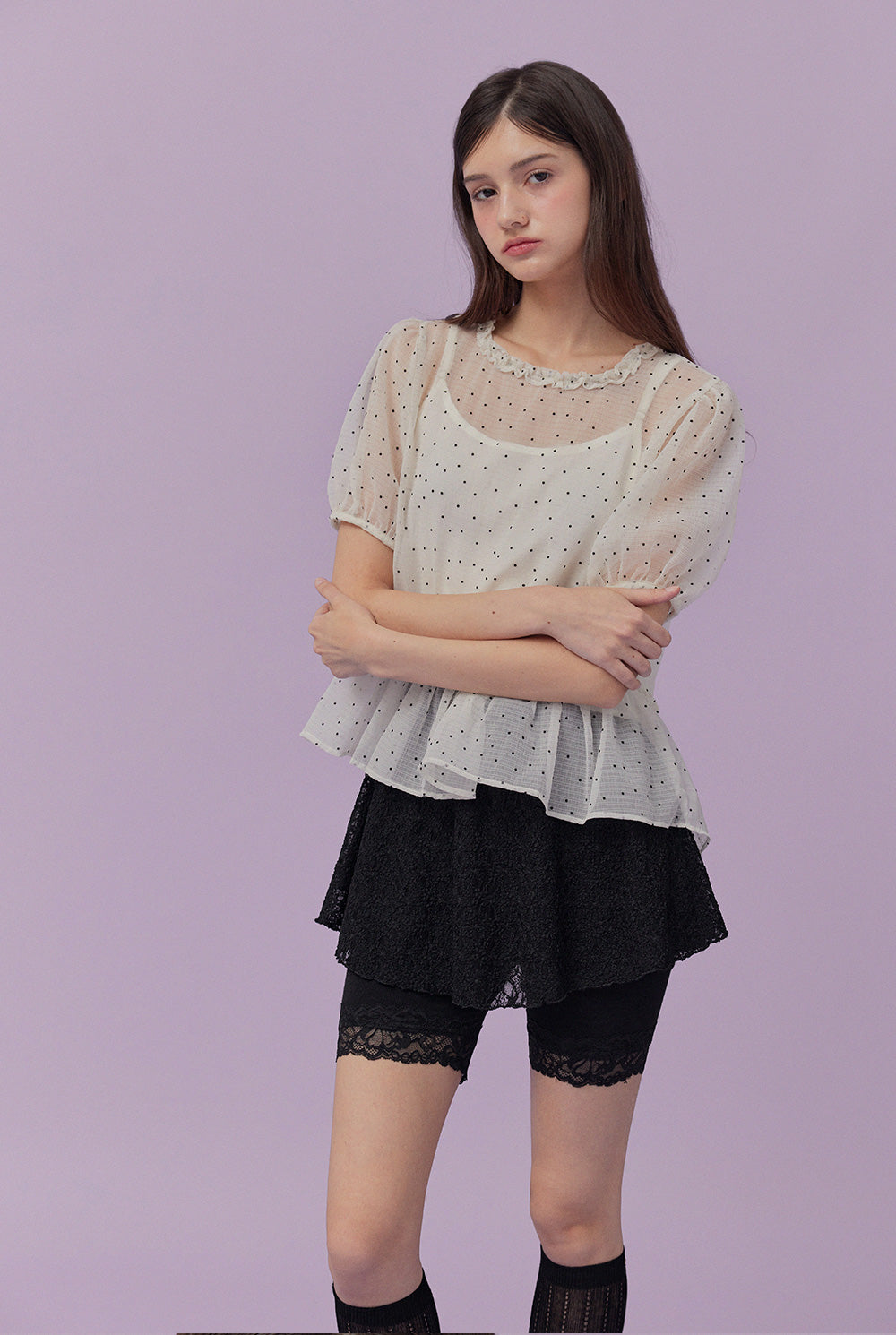 Belle Dot Sheer Flare Sleeve Blouse