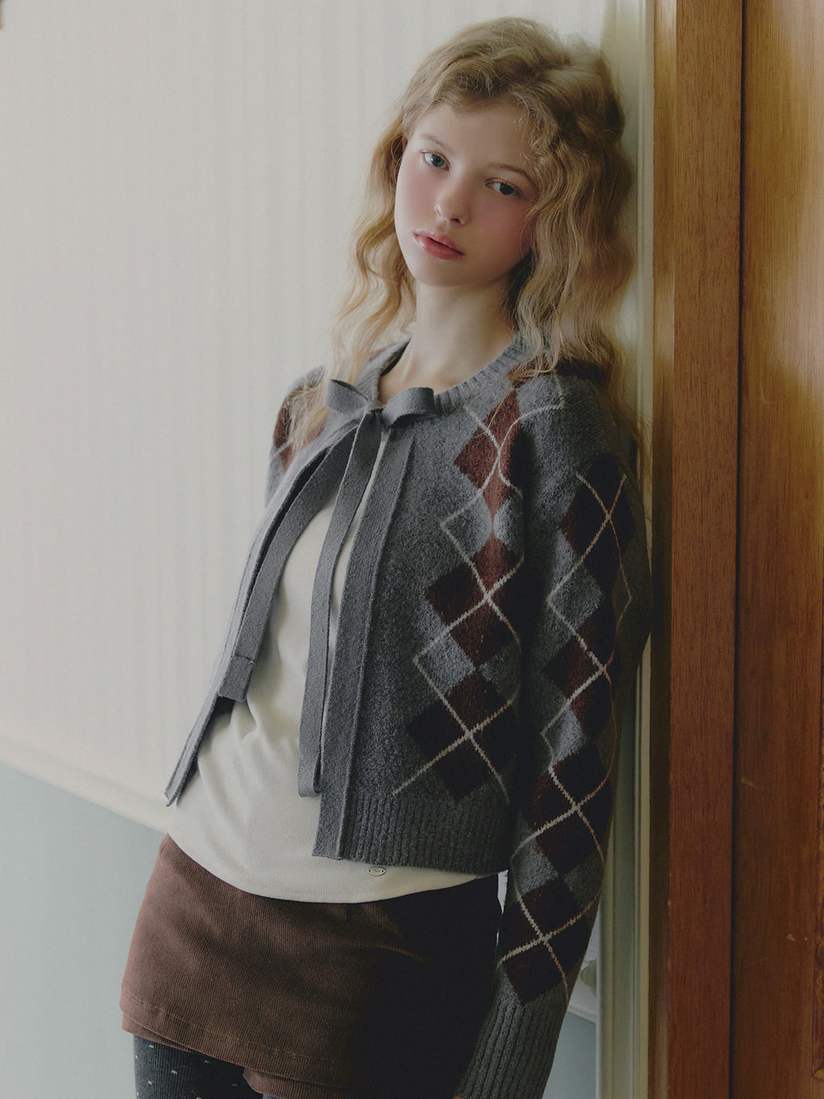 Beon Argyle Ribbon Knit Cardigan
