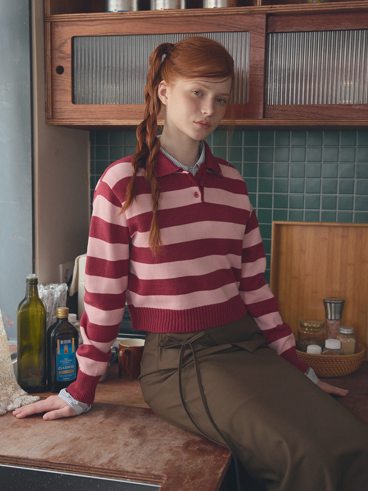 Nuo Stripe Contrast Collar Long Sleeve Knit