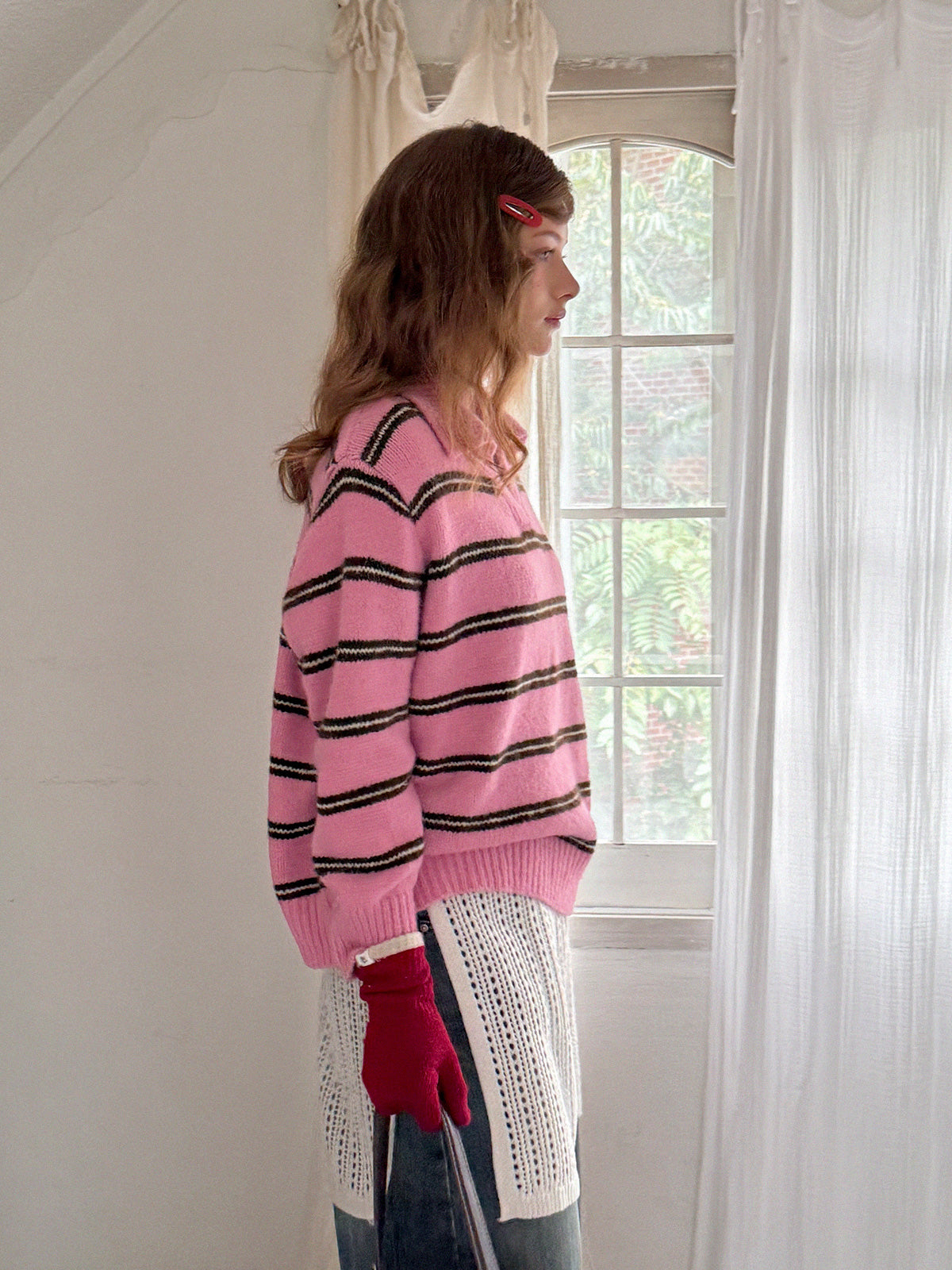 Lemoon Stripe Collar Loose-Fit Knit