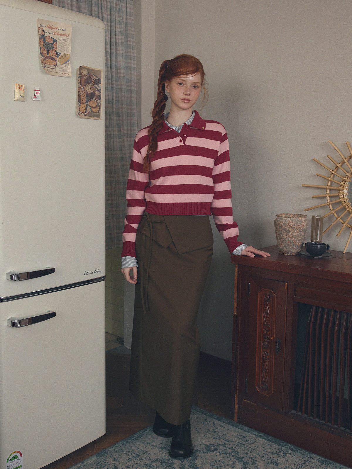 Nuo Stripe Contrast Collar Long Sleeve Knit