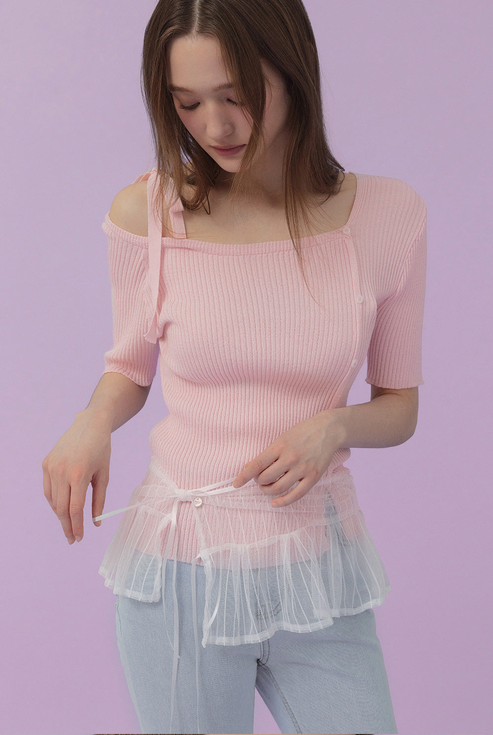 Inlove Asymmetric Off-Shoulder Short-Sleeve Knit