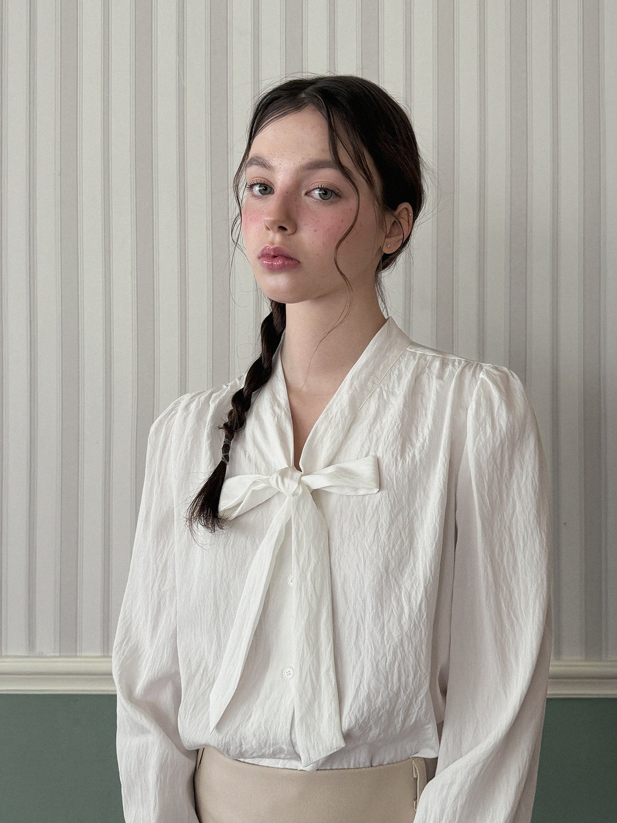 TWEE] Nerd Tie Long Sleeve Blouse