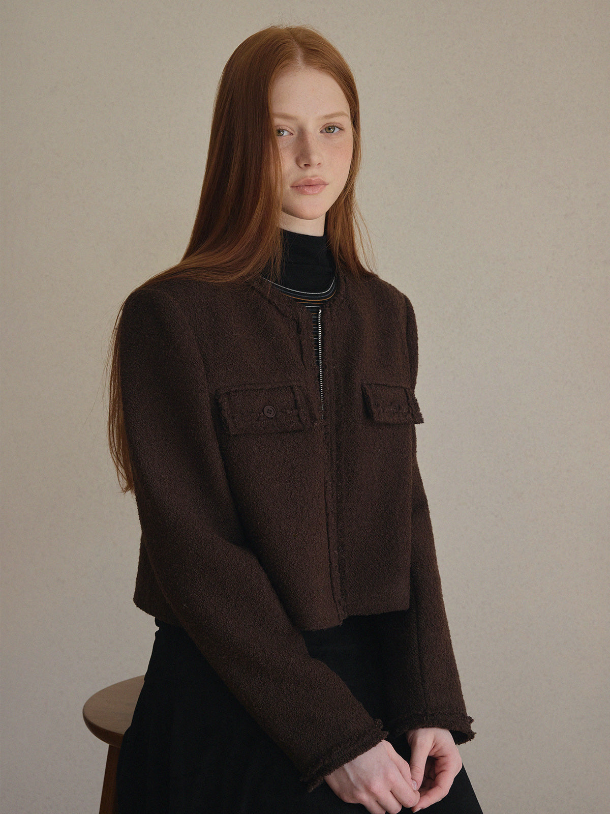 Ephons Zipper Crop Tweed Jacket
