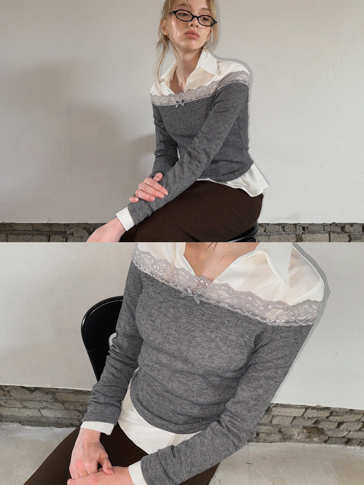 Nize Lace Punching Off-Shoulder Long Sleeve Tee