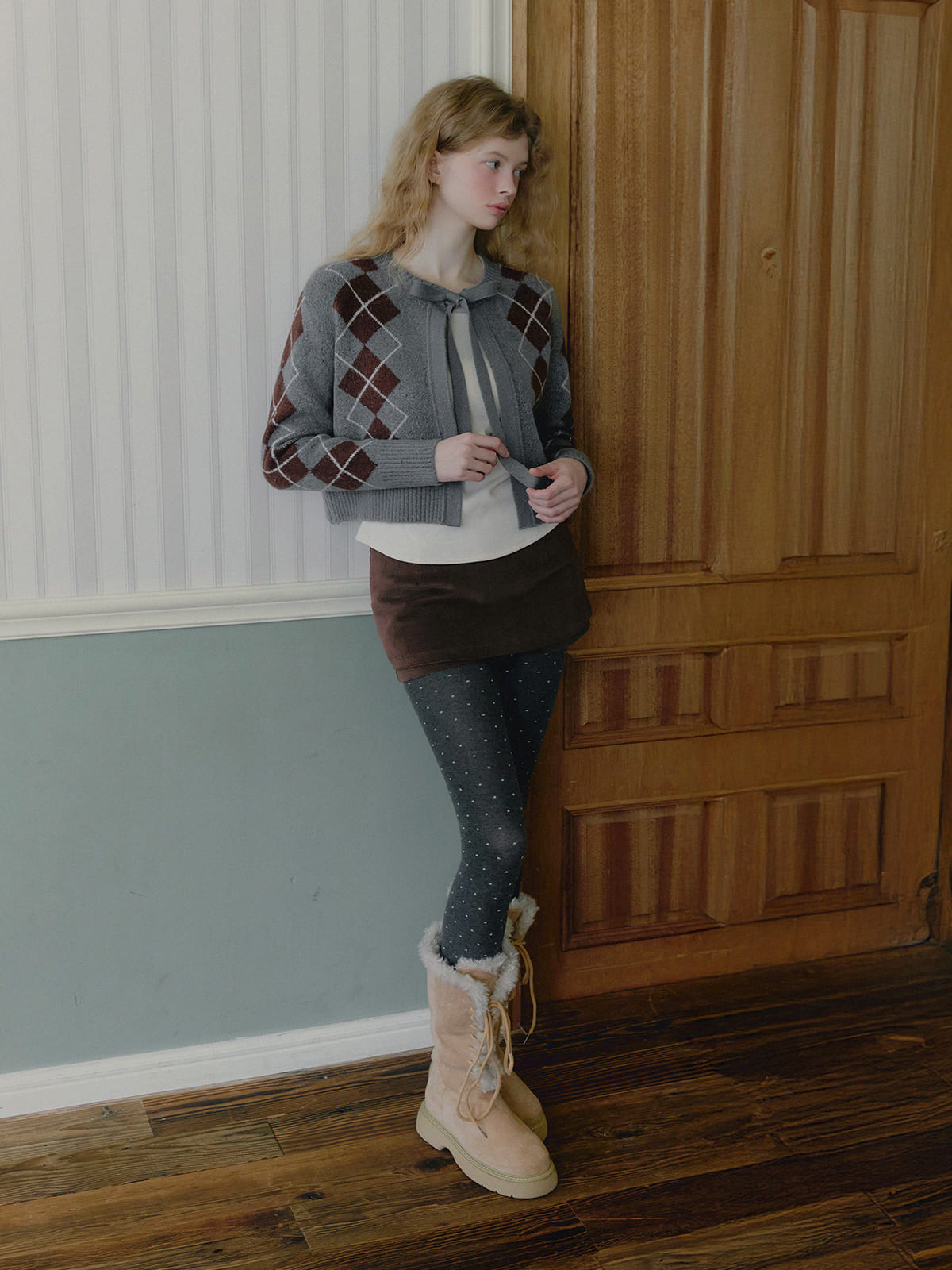 Beon Argyle Ribbon Knit Cardigan