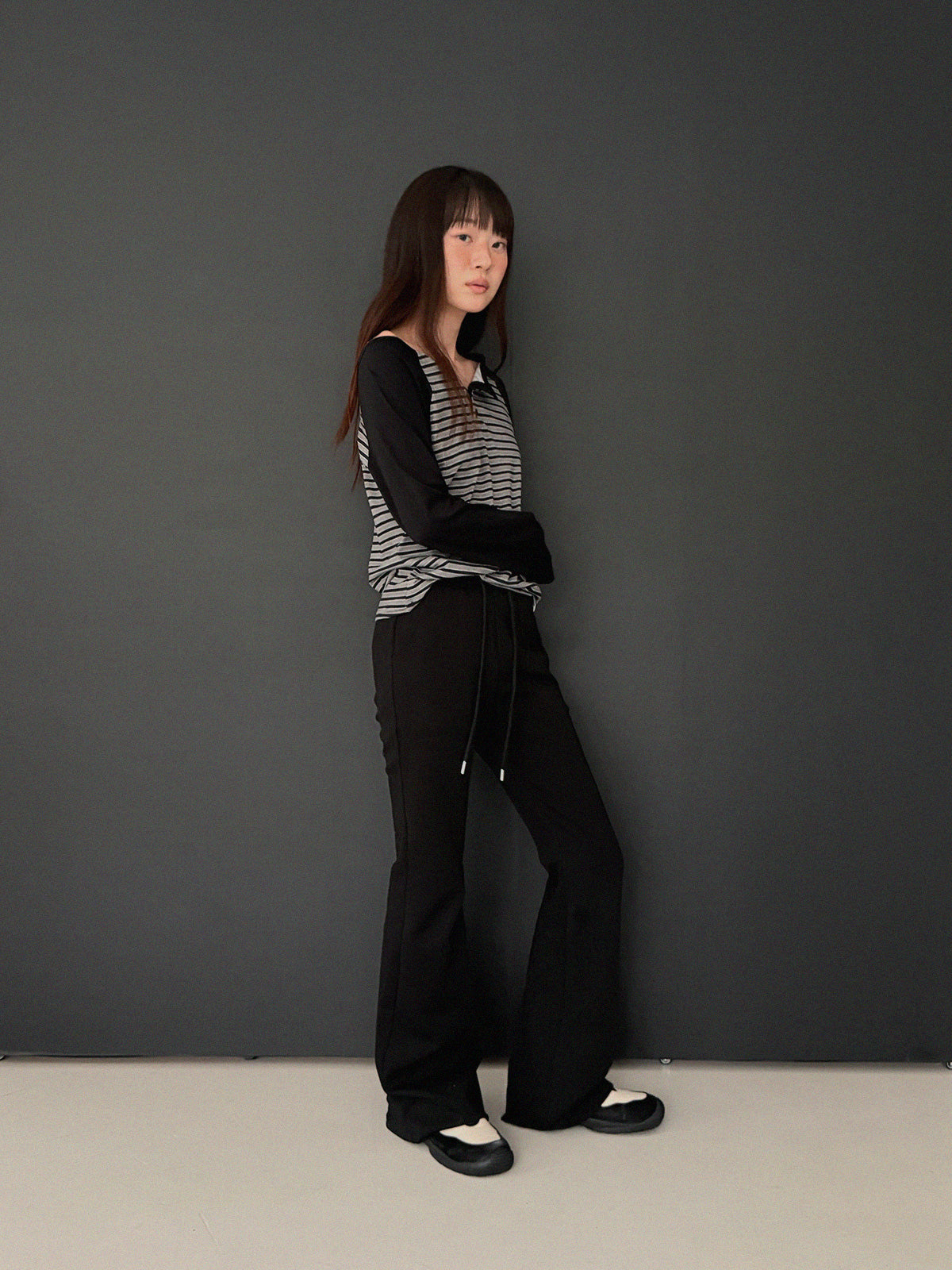 Mono button striped color-block long-sleeve T-shirt