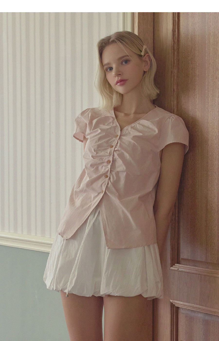 Witty Button Shirring Blouse