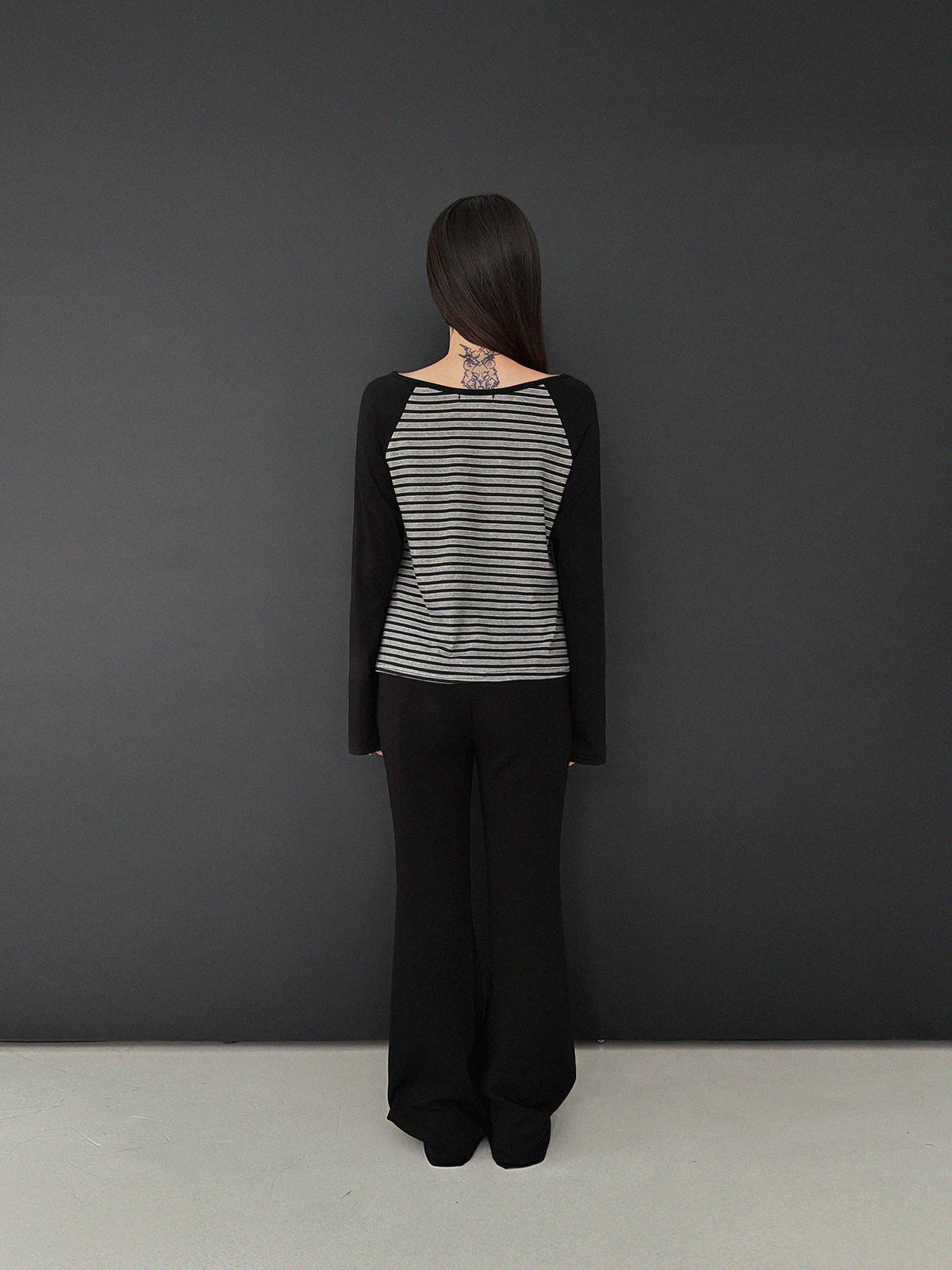 Mono button striped color-block long-sleeve T-shirt