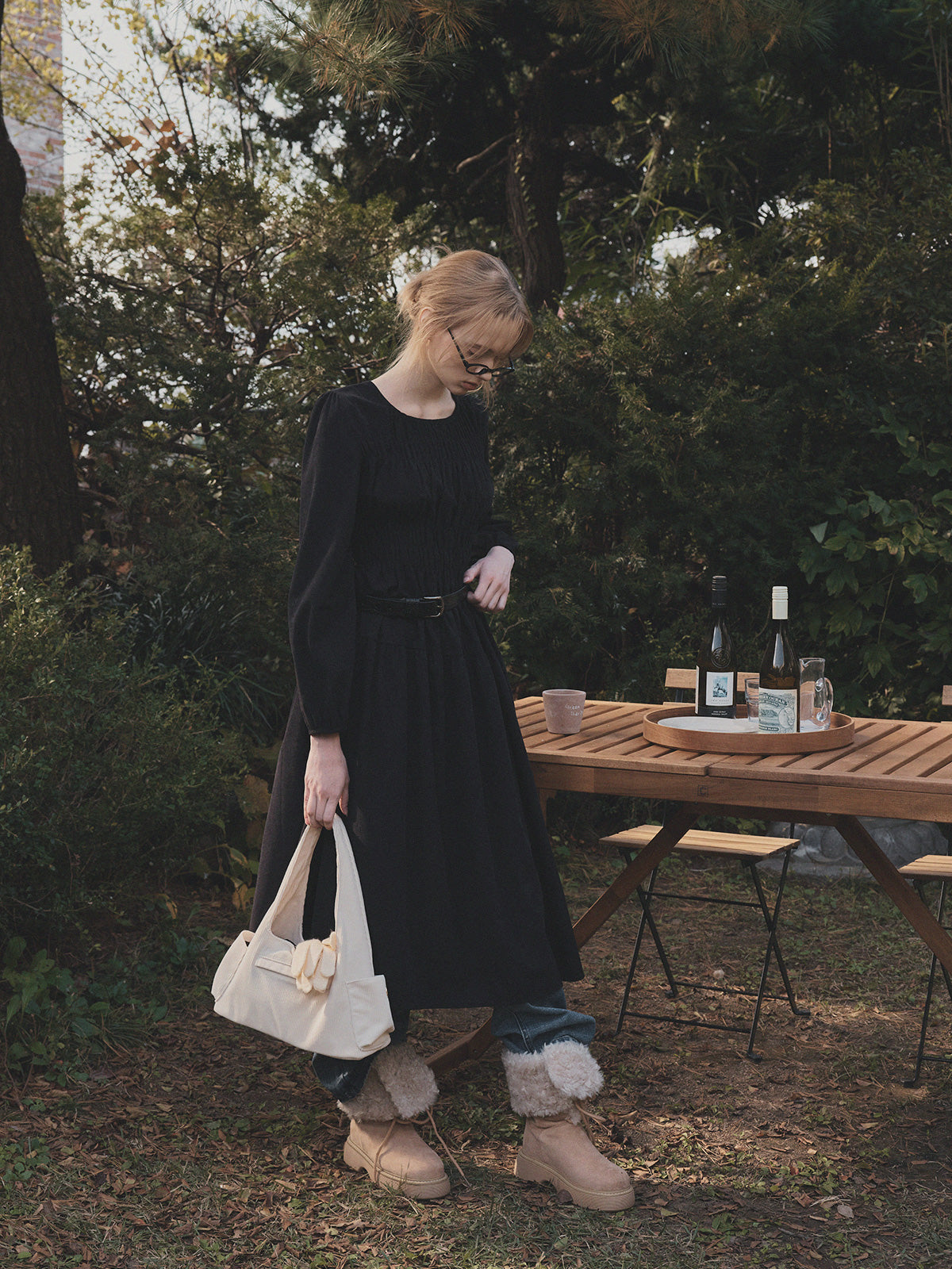Lecel Corduroy Smock Banding Long Dress