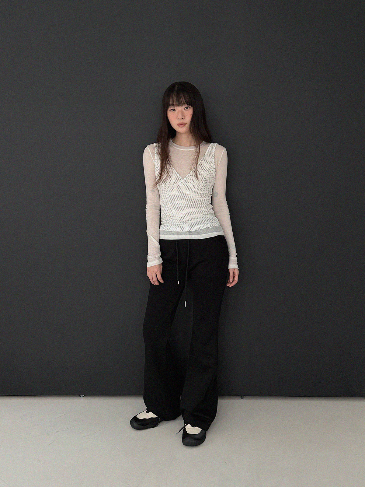 Blan elastic-waist bootcut long pants