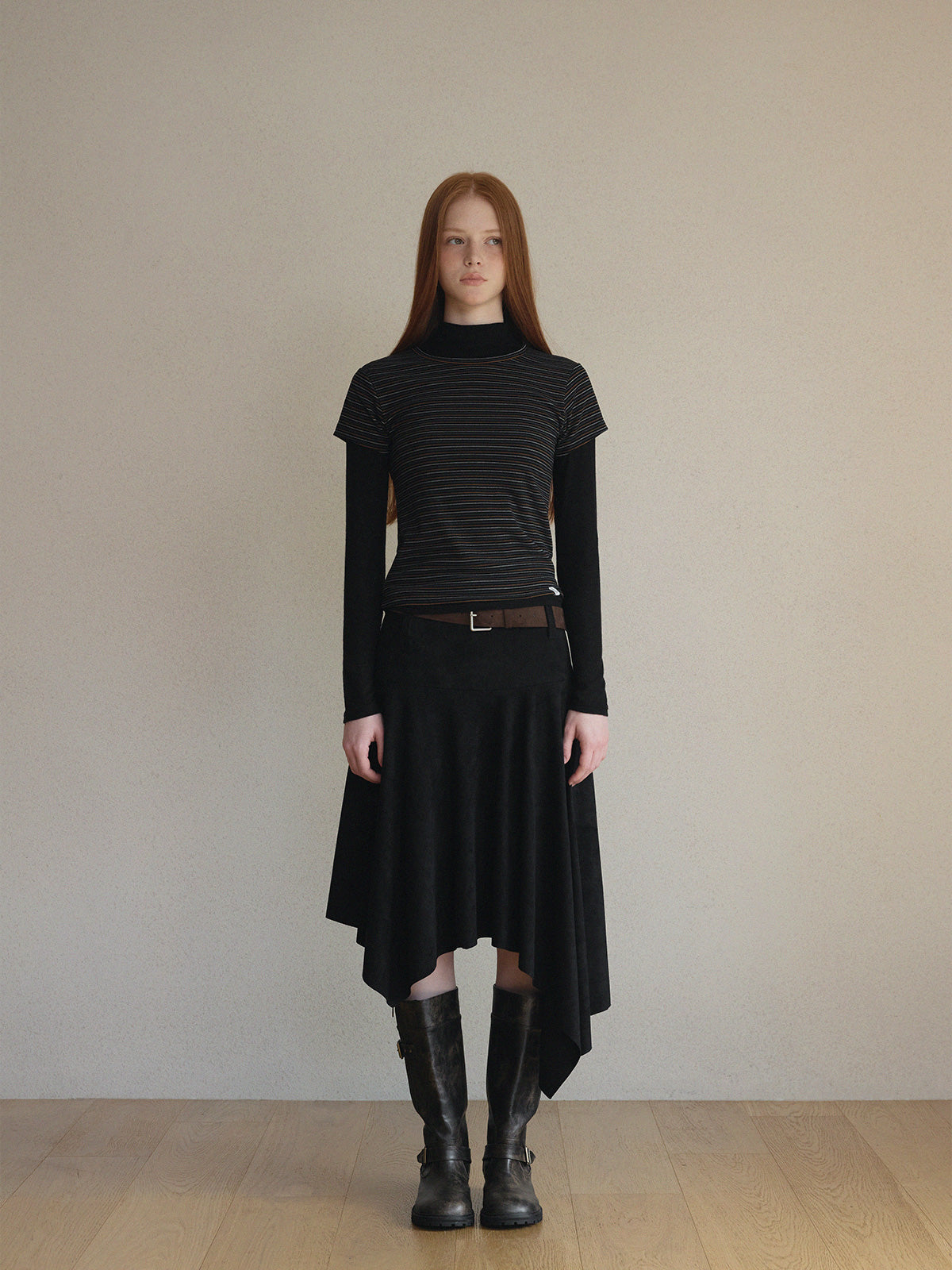 Aden Asymmetrical Suede Midi Skirt (with Belt Set)