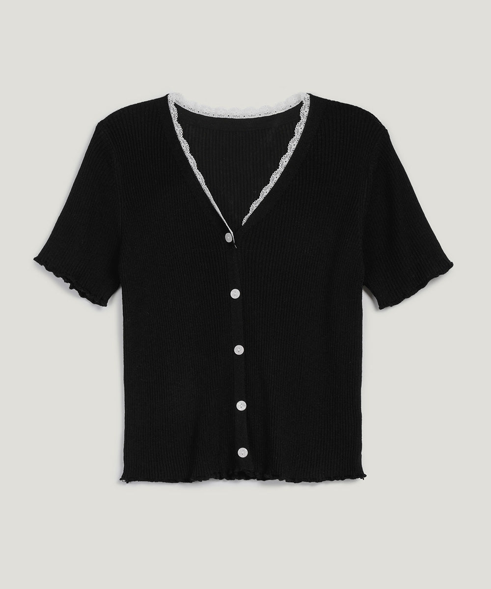 Olleu Lace Layered Short-Sleeve Knit