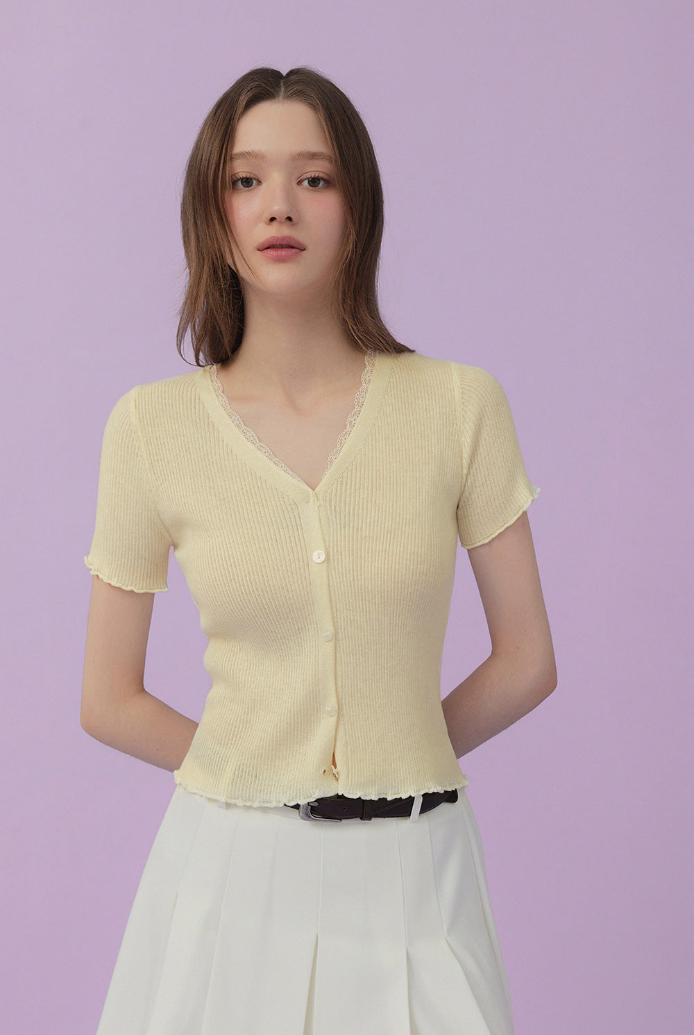 Olleu Lace Layered Short-Sleeve Knit
