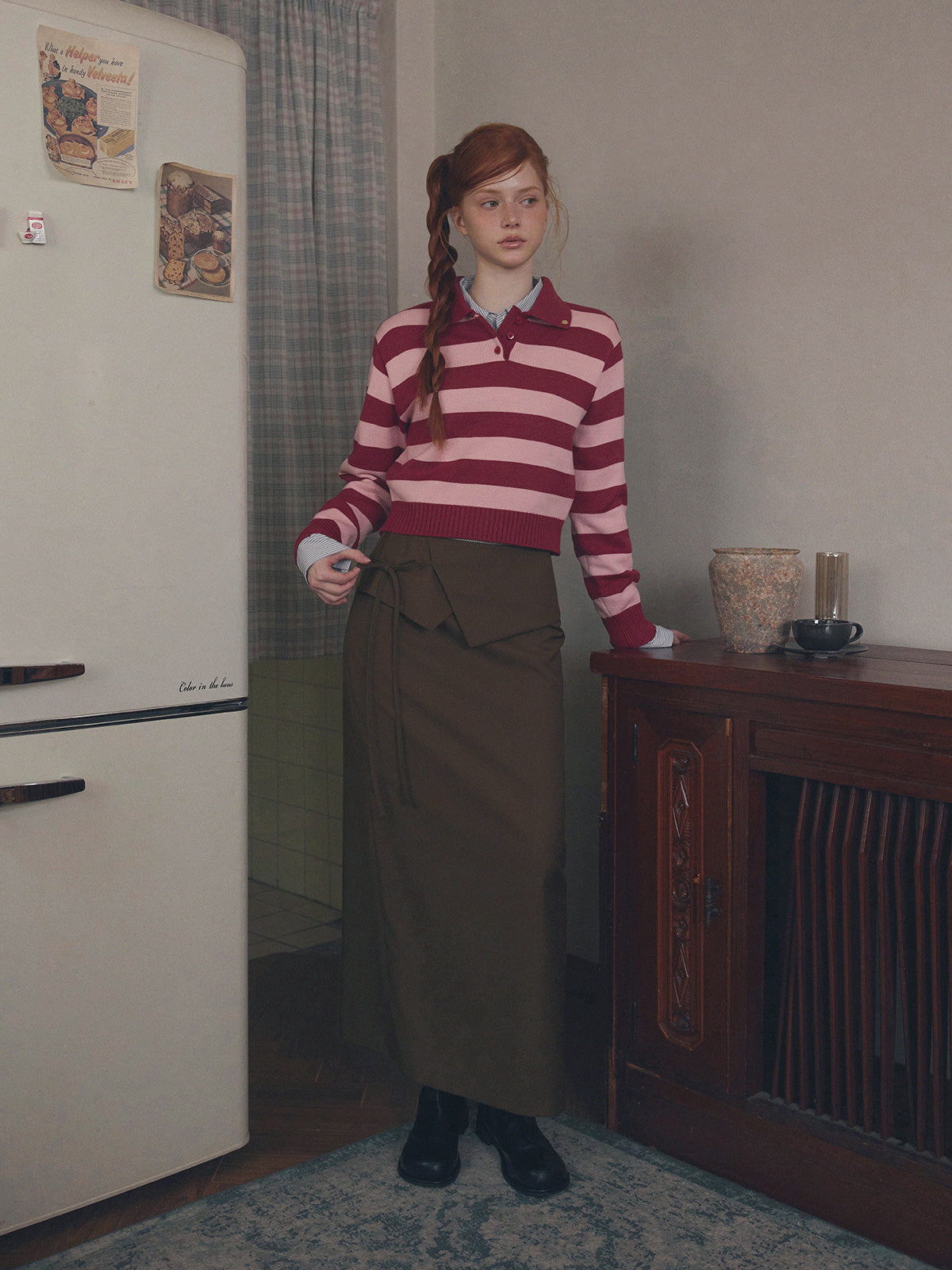 Nuo Stripe Contrast Collar Long Sleeve Knit