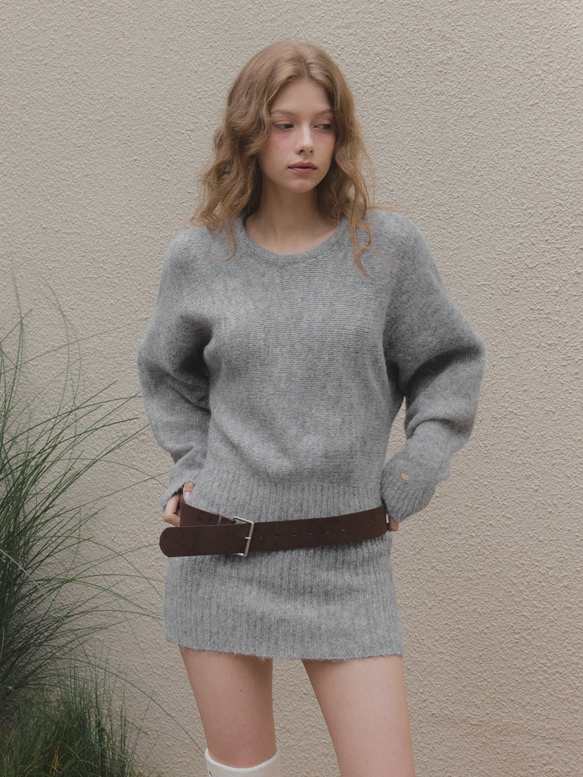 Rein Loose-Fit Knit Dress (Belt Set) Grey / F