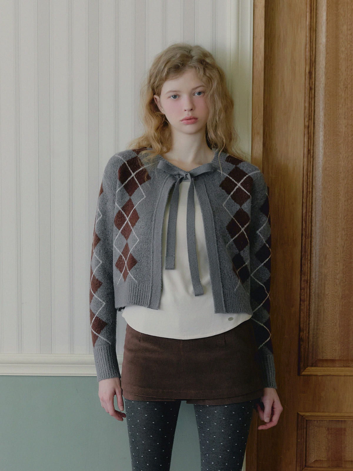 Beon Argyle Ribbon Knit Cardigan