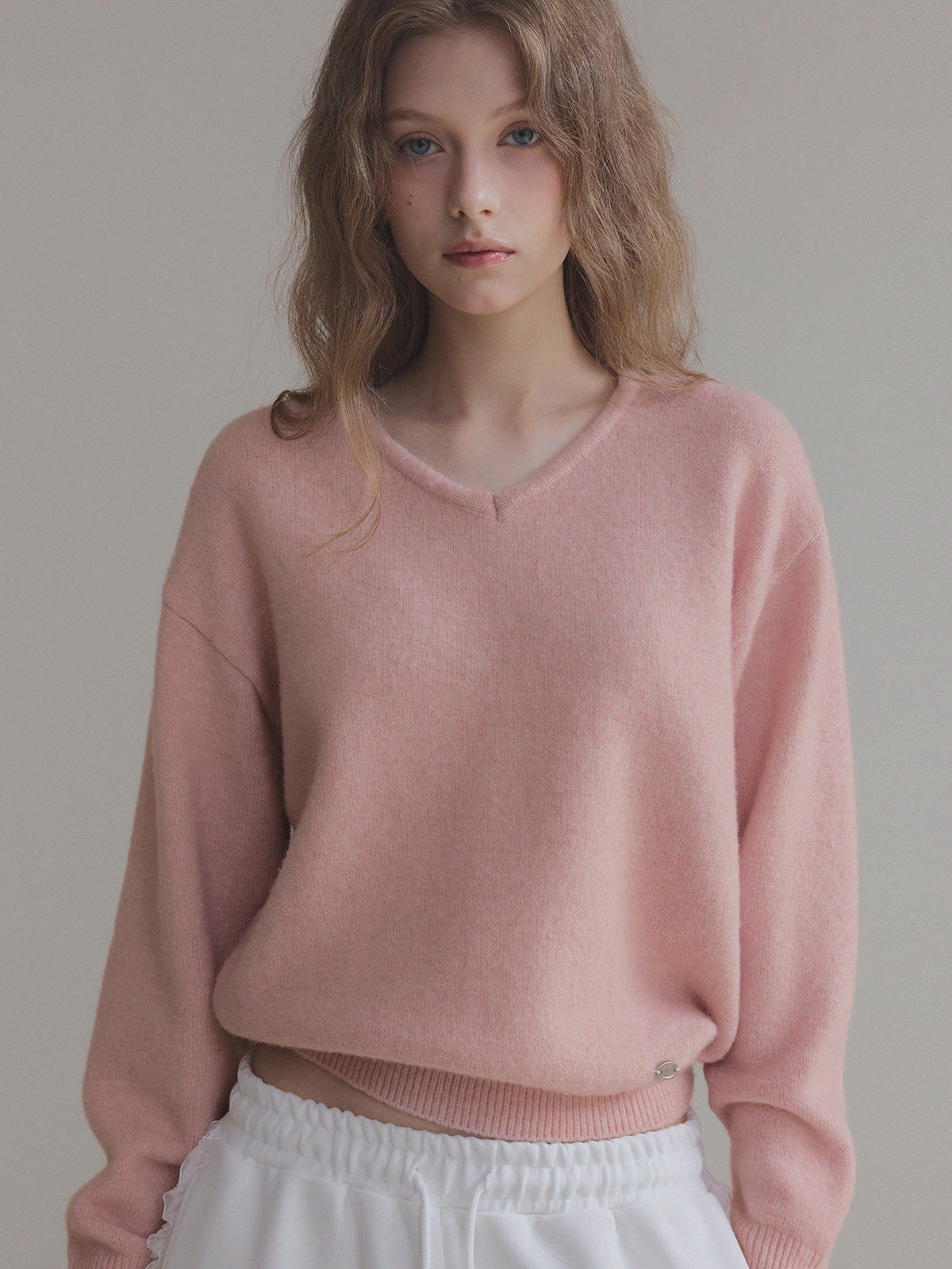 Twill Basic V-Neck Long Sleeve Knit