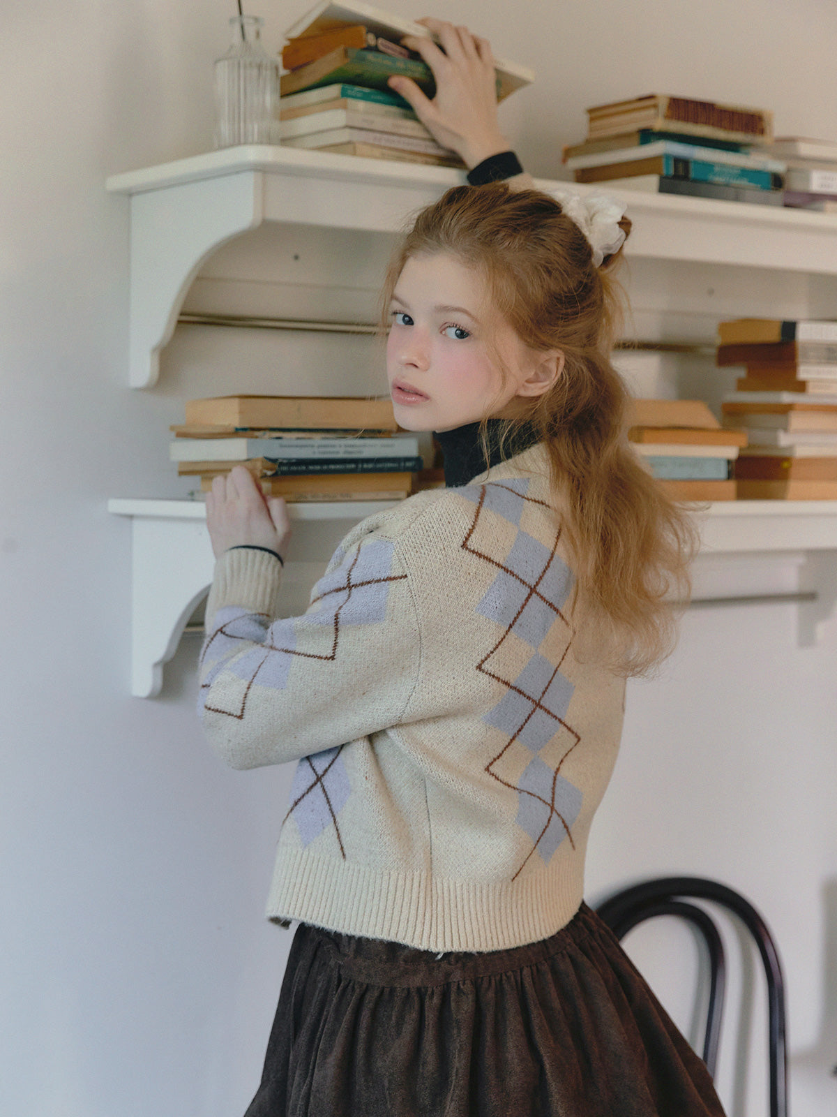 Beon Argyle Ribbon Knit Cardigan