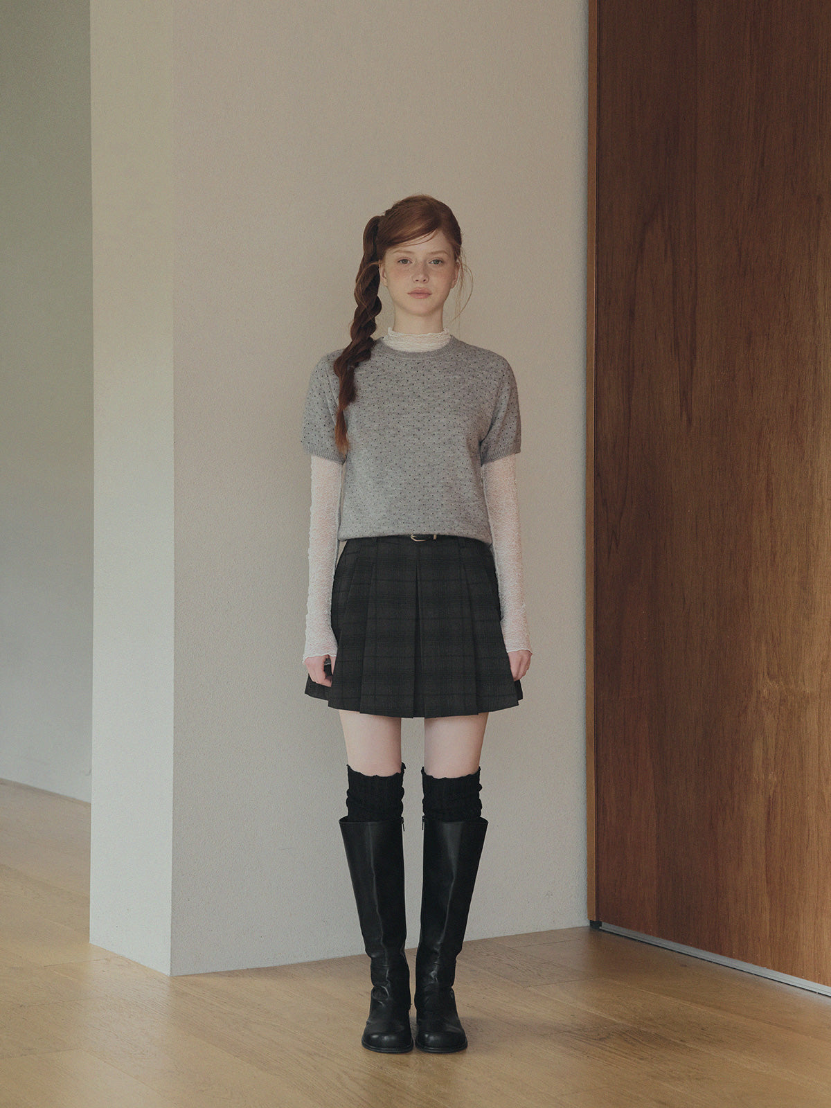 Roben Check Pleated Mini Skirt (with Belt Set)