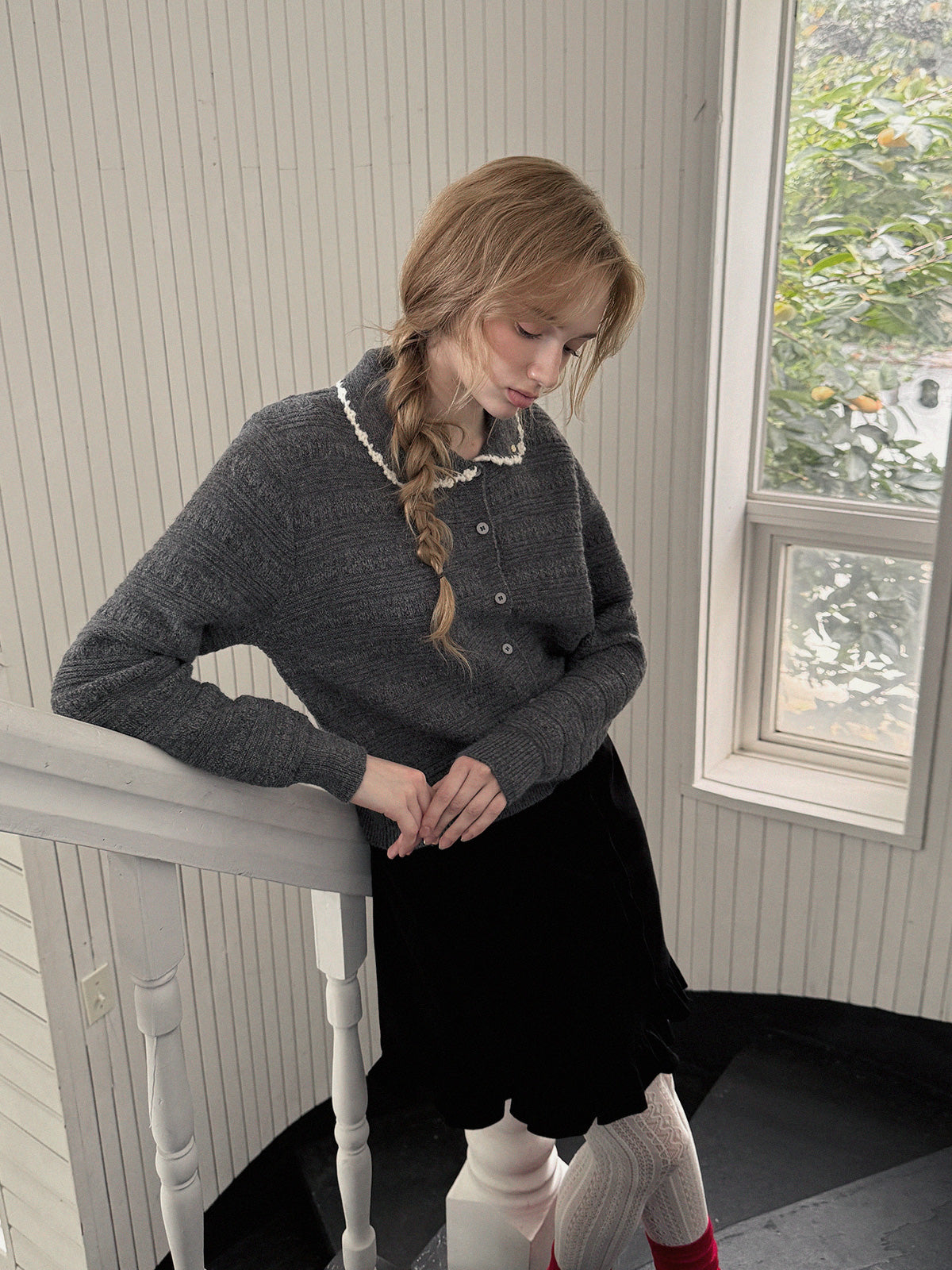 Molly Contrast Collar Pattern Knit Cardigan