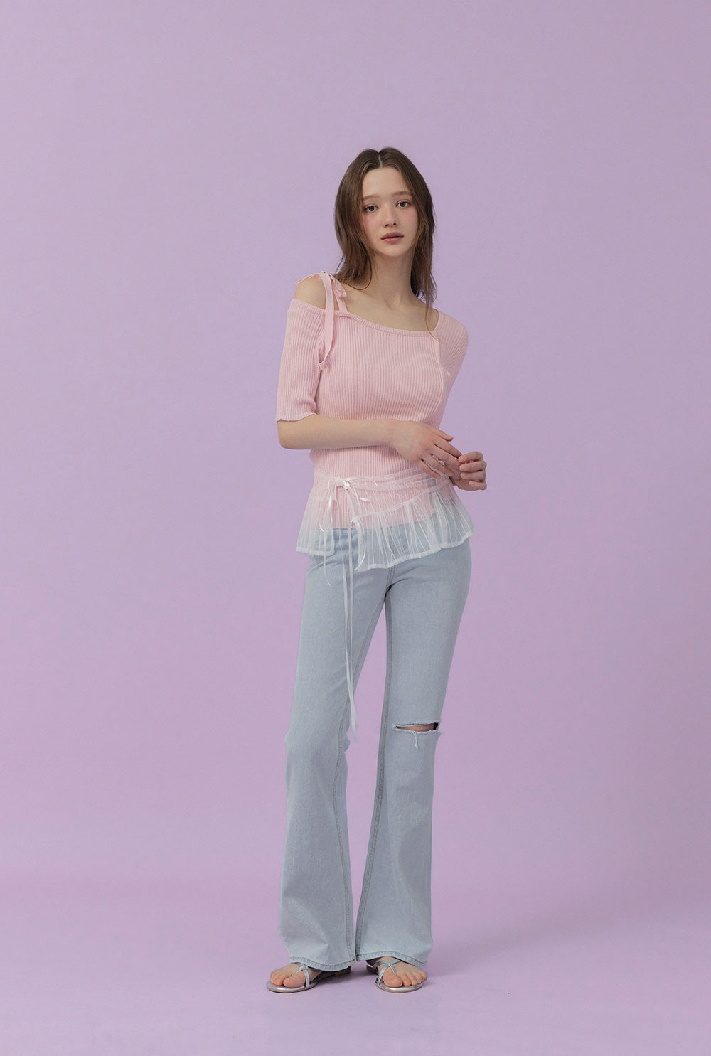 Inlove Asymmetric Off-Shoulder Short-Sleeve Knit