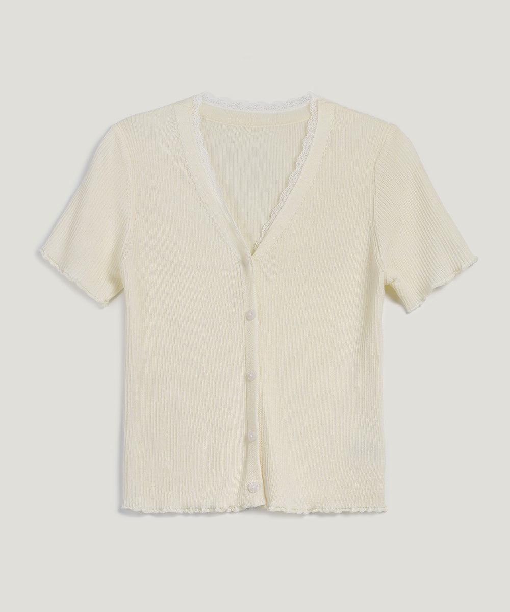 Olleu Lace Layered Short-Sleeve Knit