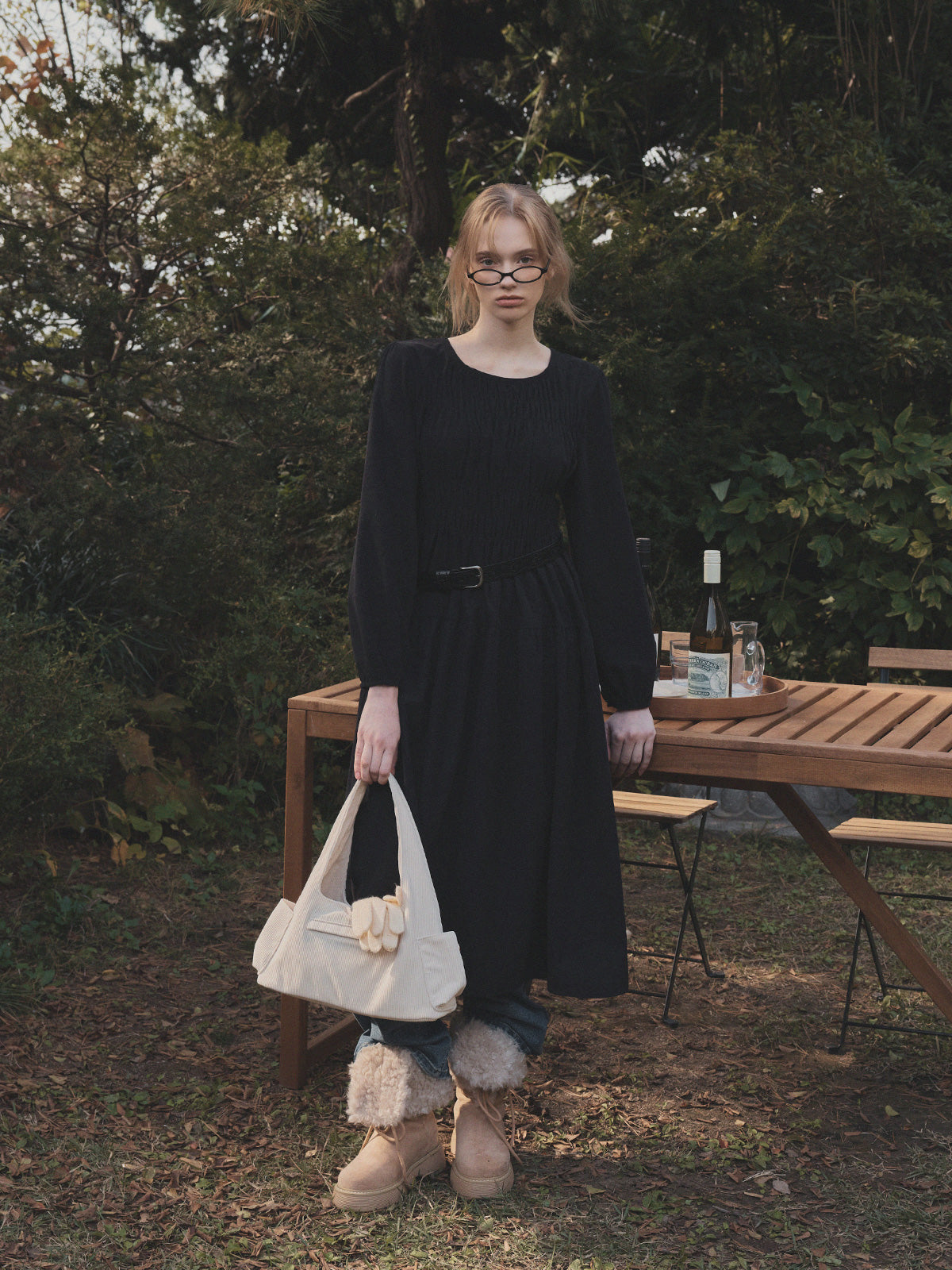 Lecel Corduroy Smock Banding Long Dress