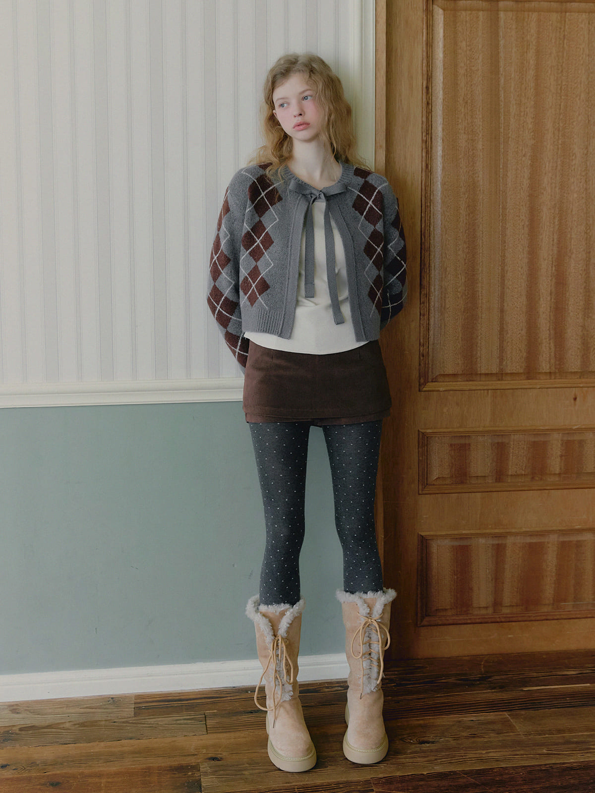 Beon Argyle Ribbon Knit Cardigan