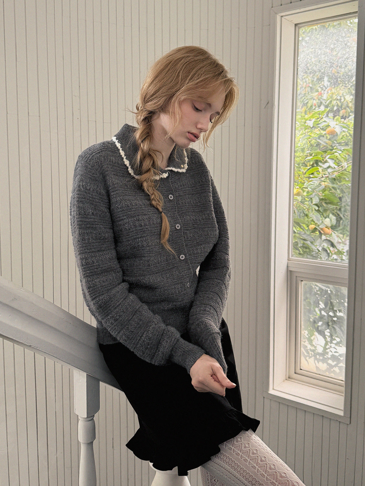Molly Contrast Collar Pattern Knit Cardigan