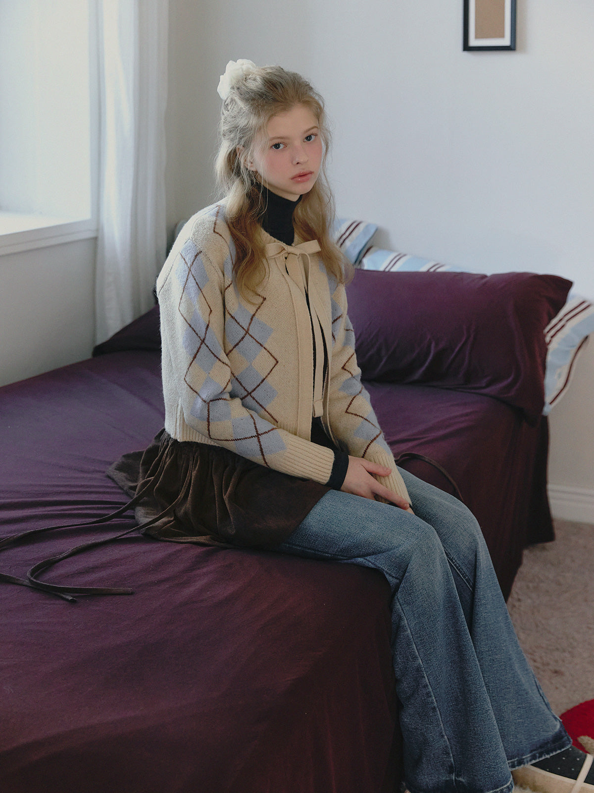 Beon Argyle Ribbon Knit Cardigan