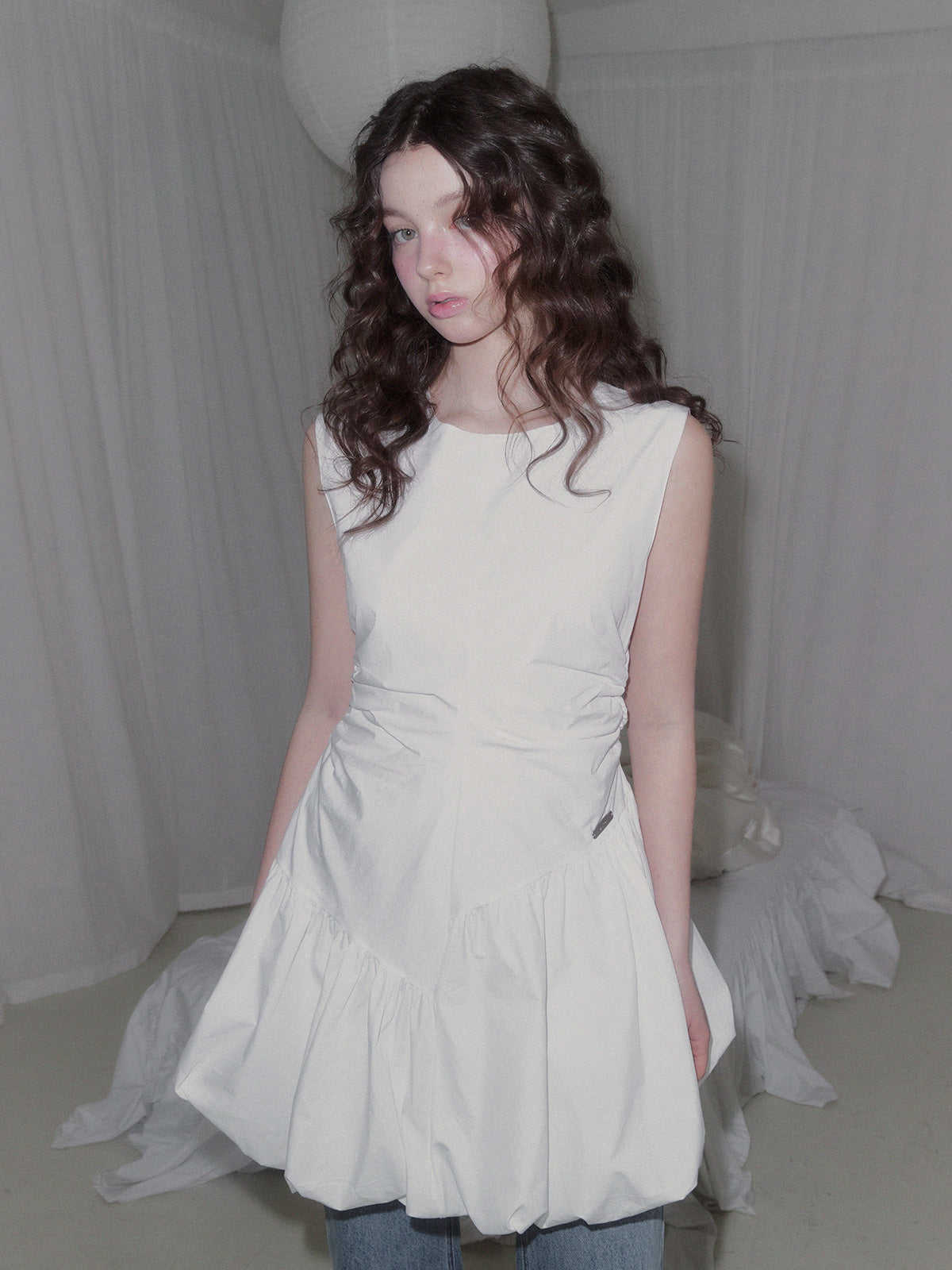 Benck Nylon Shirring Balloon Mini Dress LE / F