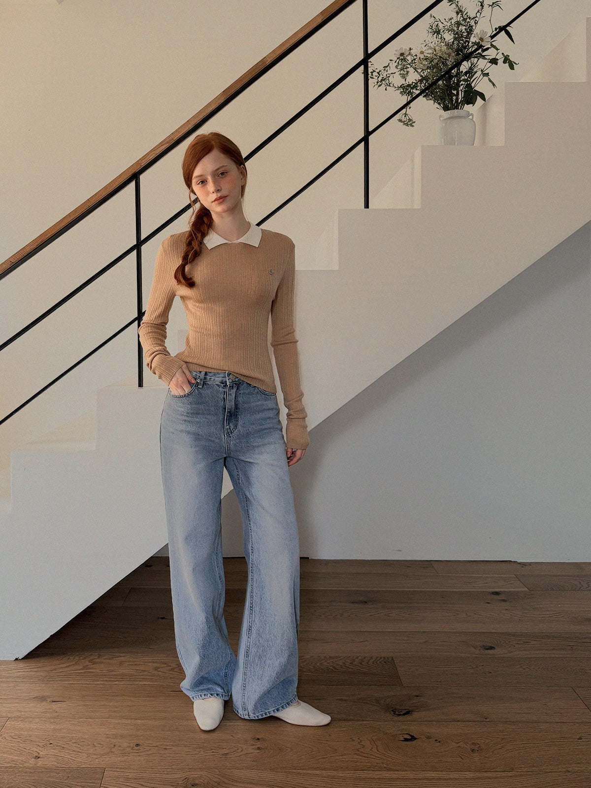 Rimet Contrast Collar Long Sleeve Knit