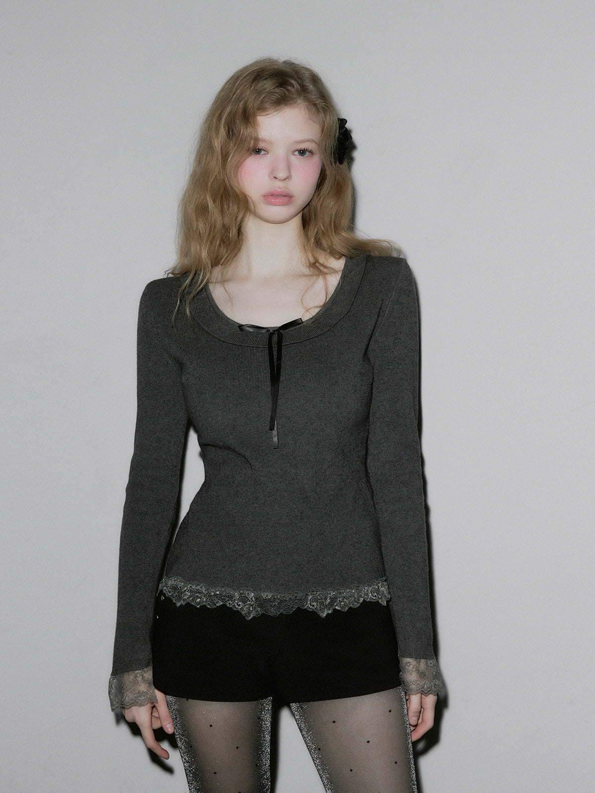 BEAR Frill Lace Ribbon Knit Top