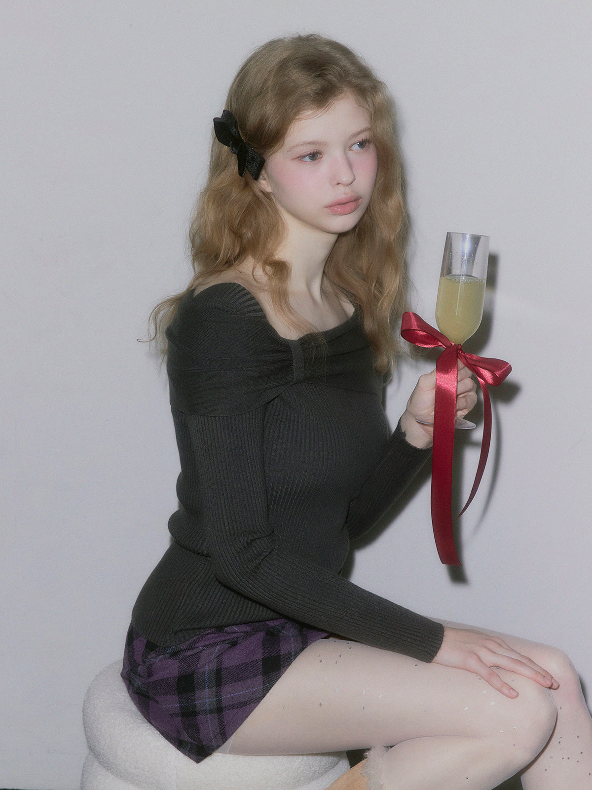 【TWEE】Turing Ribbon Drape Ribbed Knit