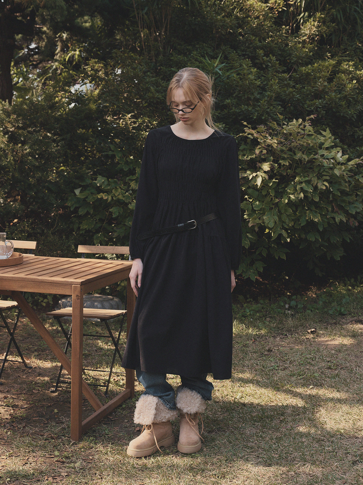 Lecel Corduroy Smock Banding Long Dress