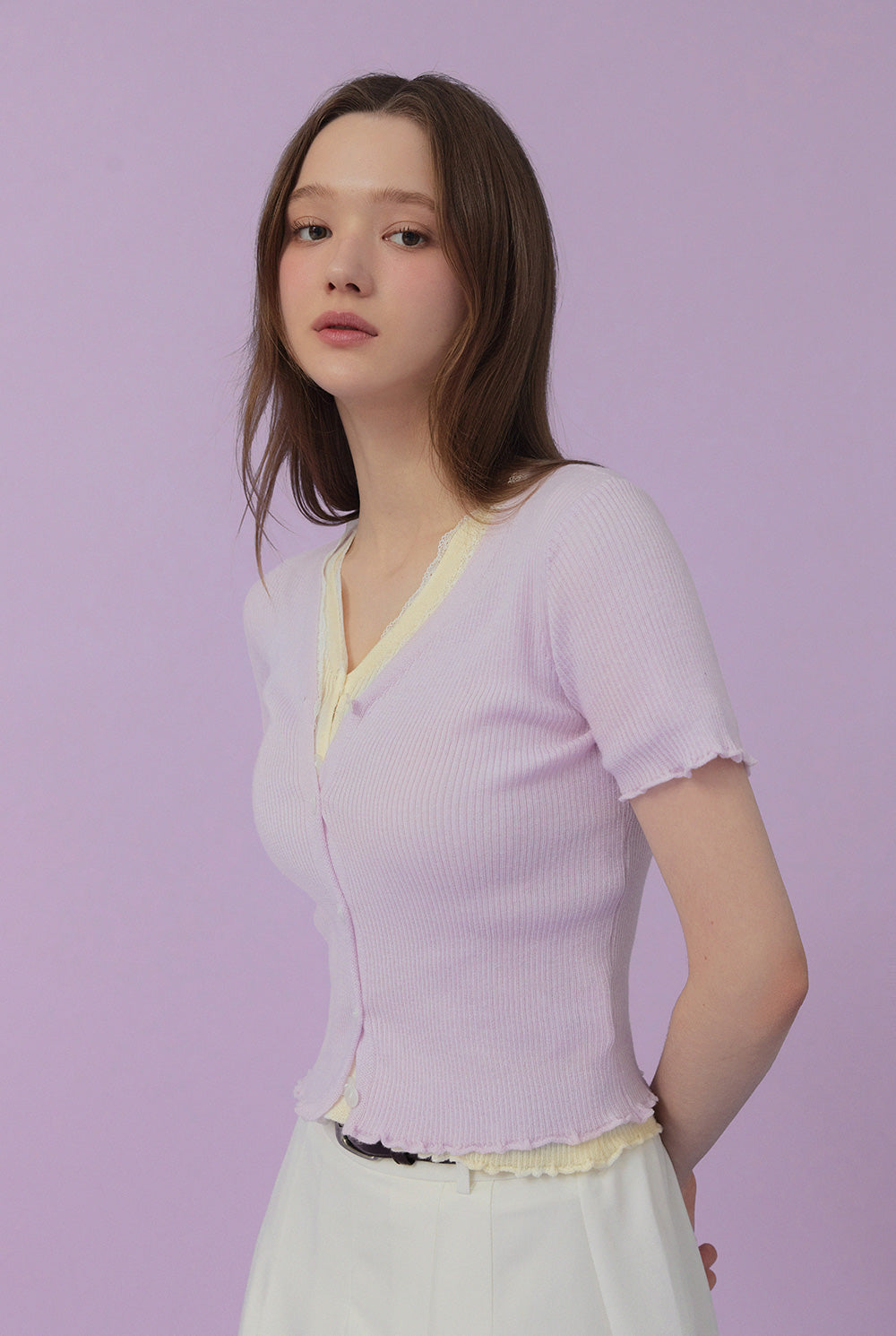 Olleu Lace Layered Short-Sleeve Knit