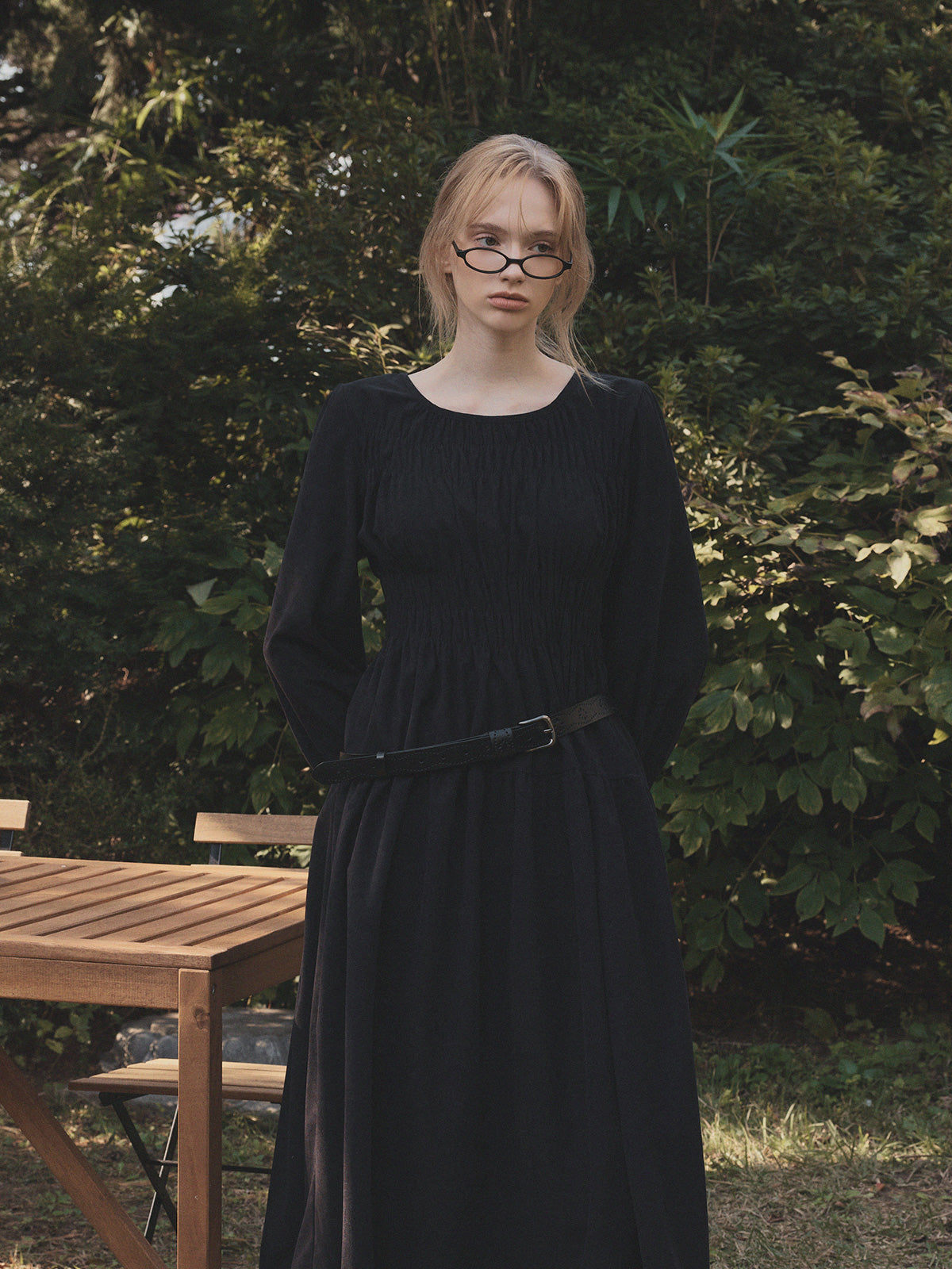 Lecel Corduroy Smock Banding Long Dress