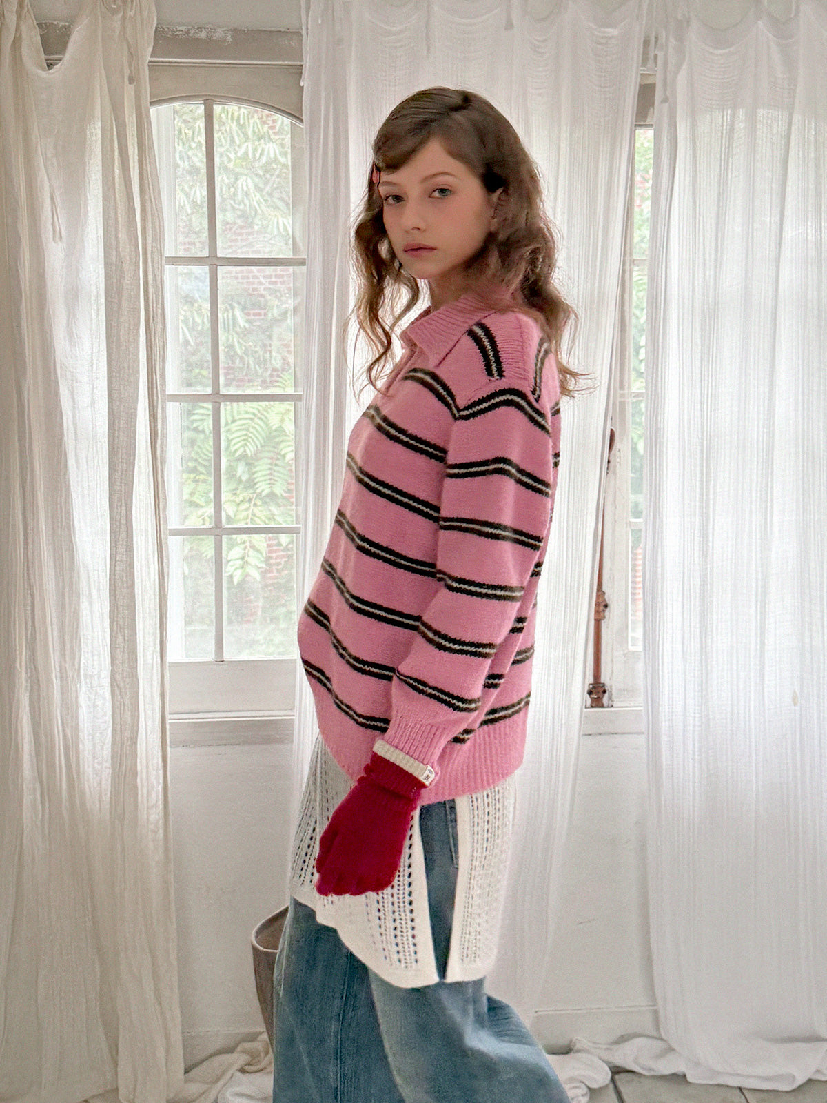 Lemoon Stripe Collar Loose-Fit Knit