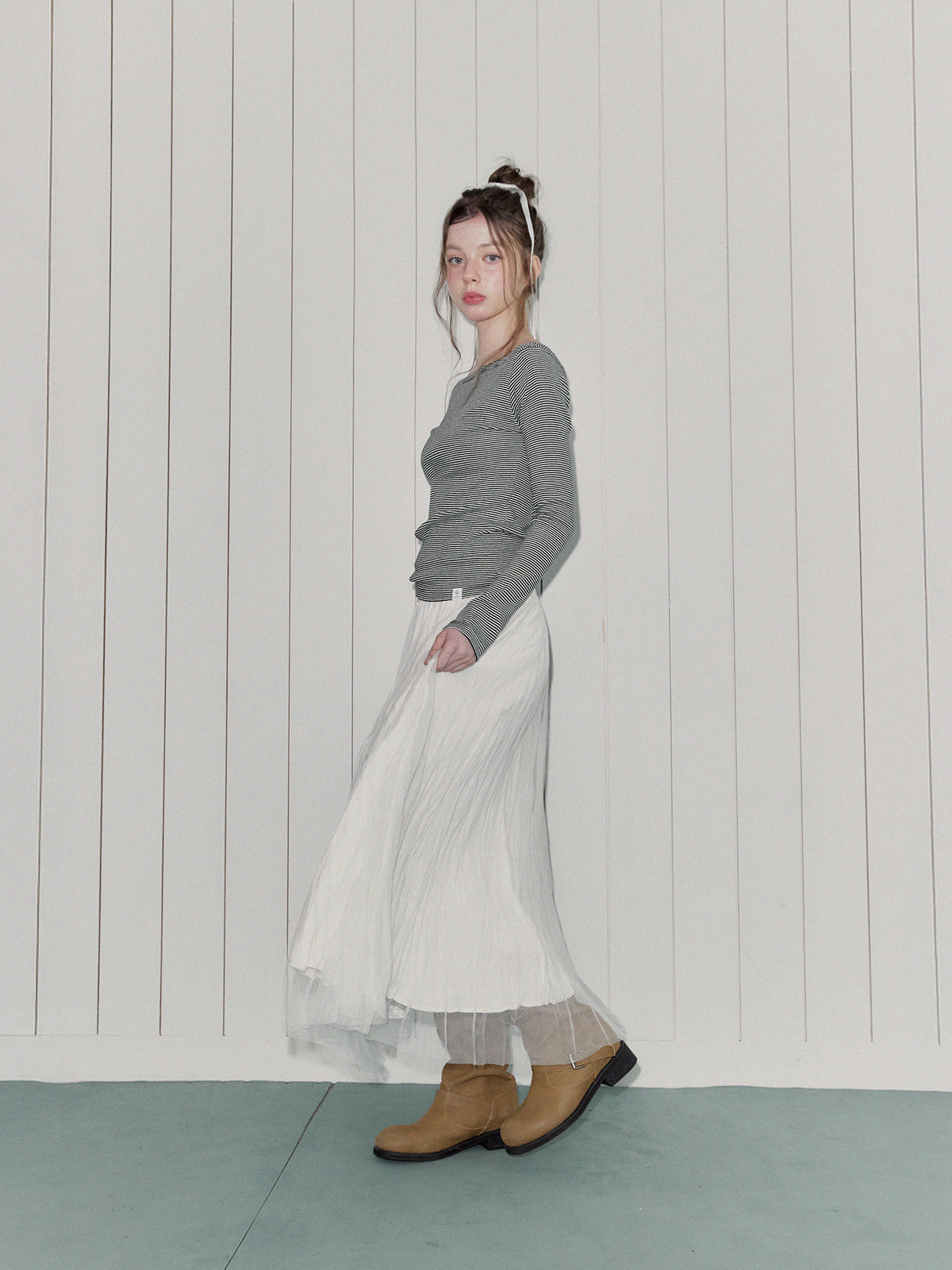 Des Dot Banded Flare Long Skirt