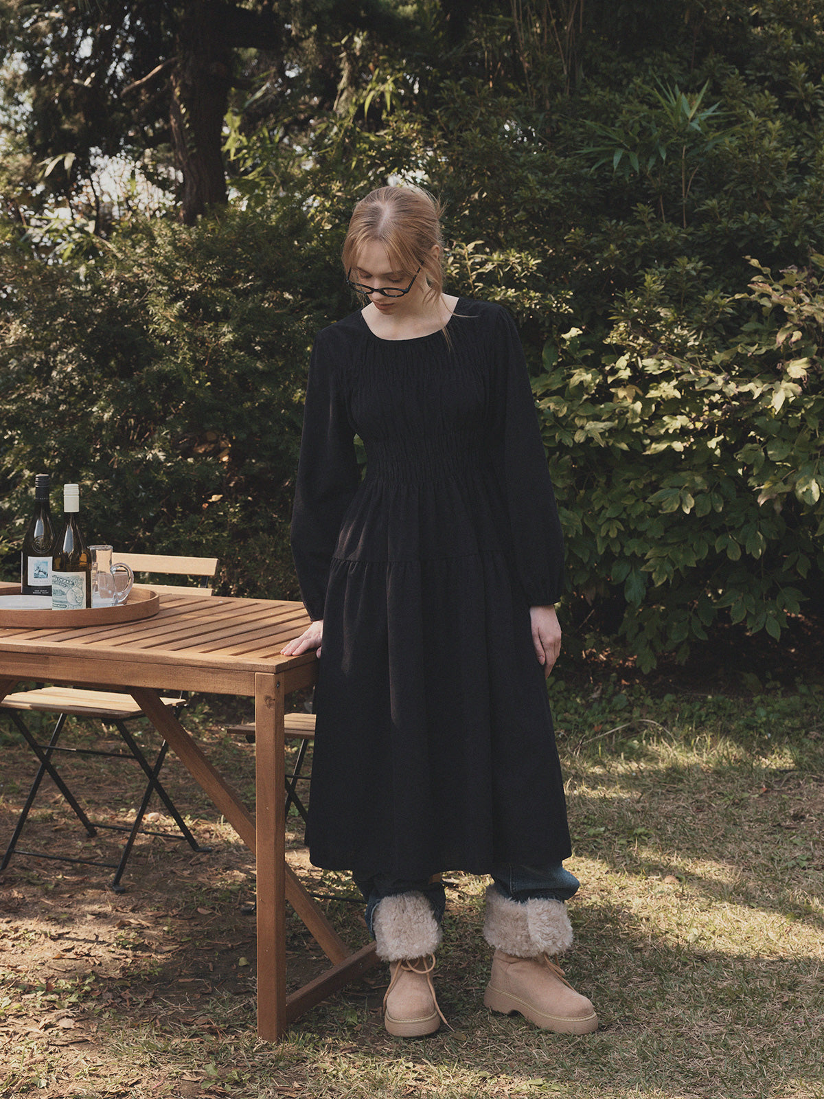Lecel Corduroy Smock Banding Long Dress