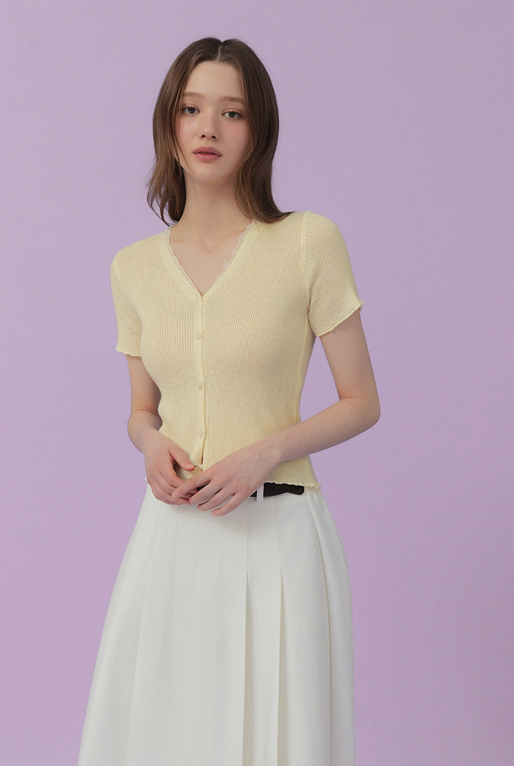 Olleu Lace Layered Short-Sleeve Knit